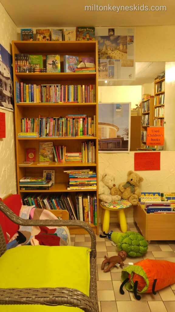 children's books and seating area at the Little Bookshop, Great Linford