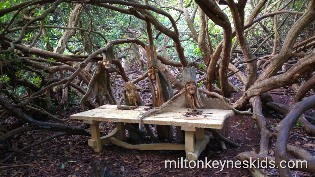 Wooden sculpture fairy trail at Rushmere Country Park in Bedfordshire