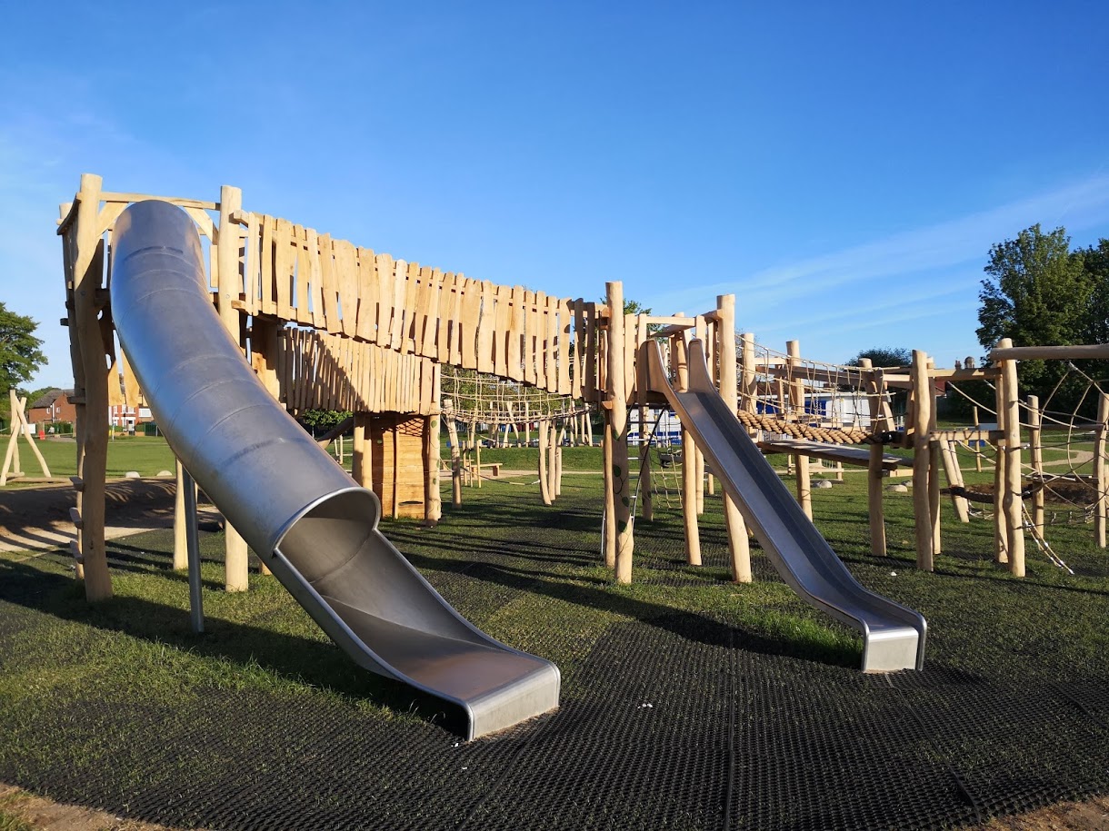 Climbing frame with slides at Bennetts Road Recreation Ground in Dunstable