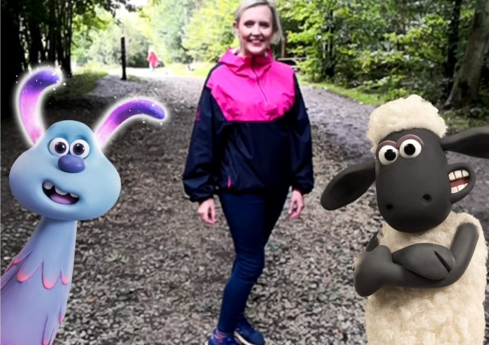 Laura Miller with shaun the sheep on the glow trail at wendover woods